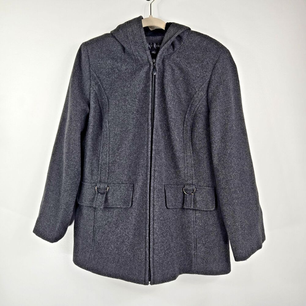 Fleet Street Women's Size Large Gray Wool Blend Coat Hooded Pockets